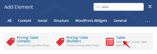 Table shortcode - add element