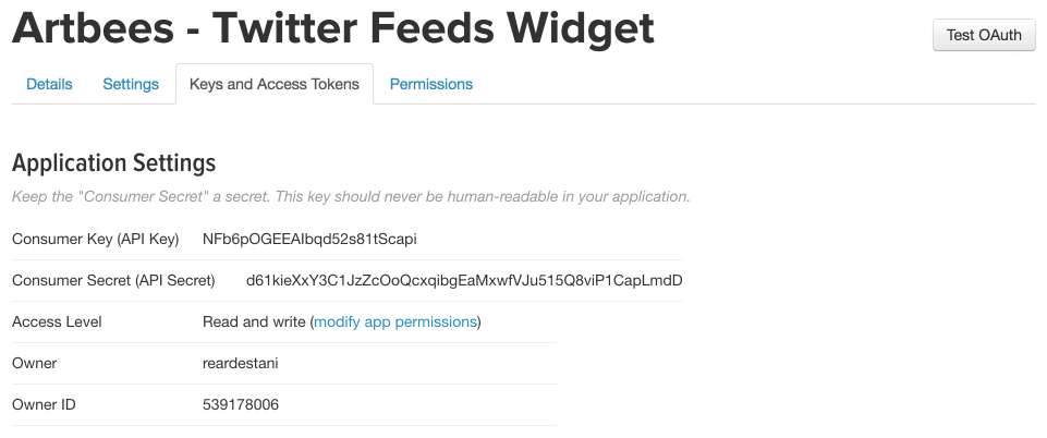 Twitter feeds widget - keys
