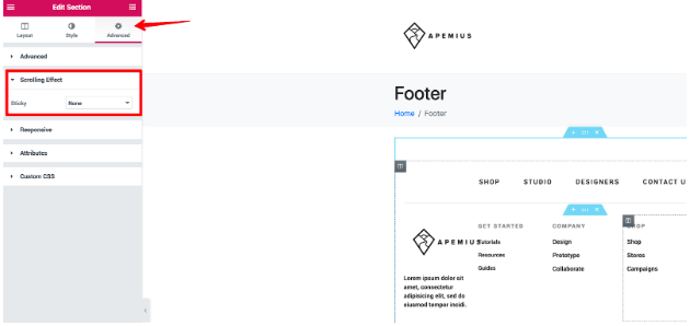 Create a custom footer section scrolling