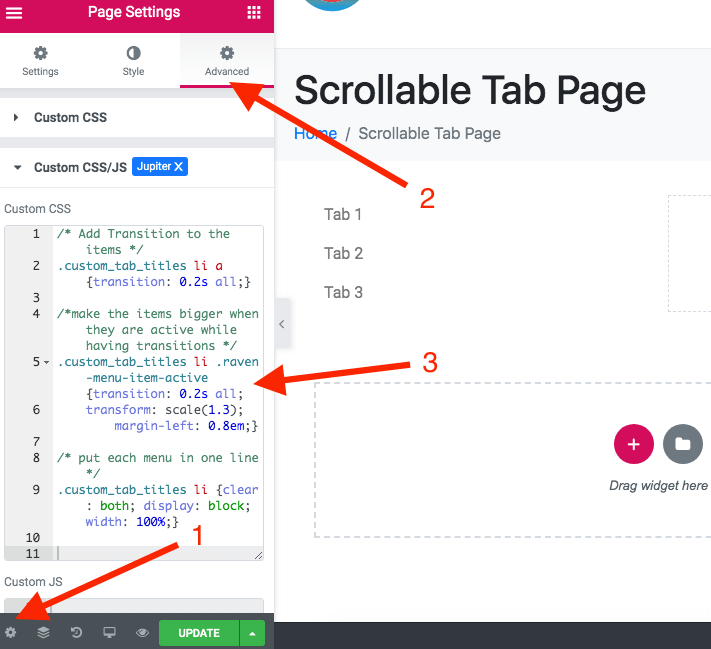 Scrollable Tab Screenshot 4 - Add CSS snippet to make the menu items vertically aligned and add transition to them on mouse hover. 